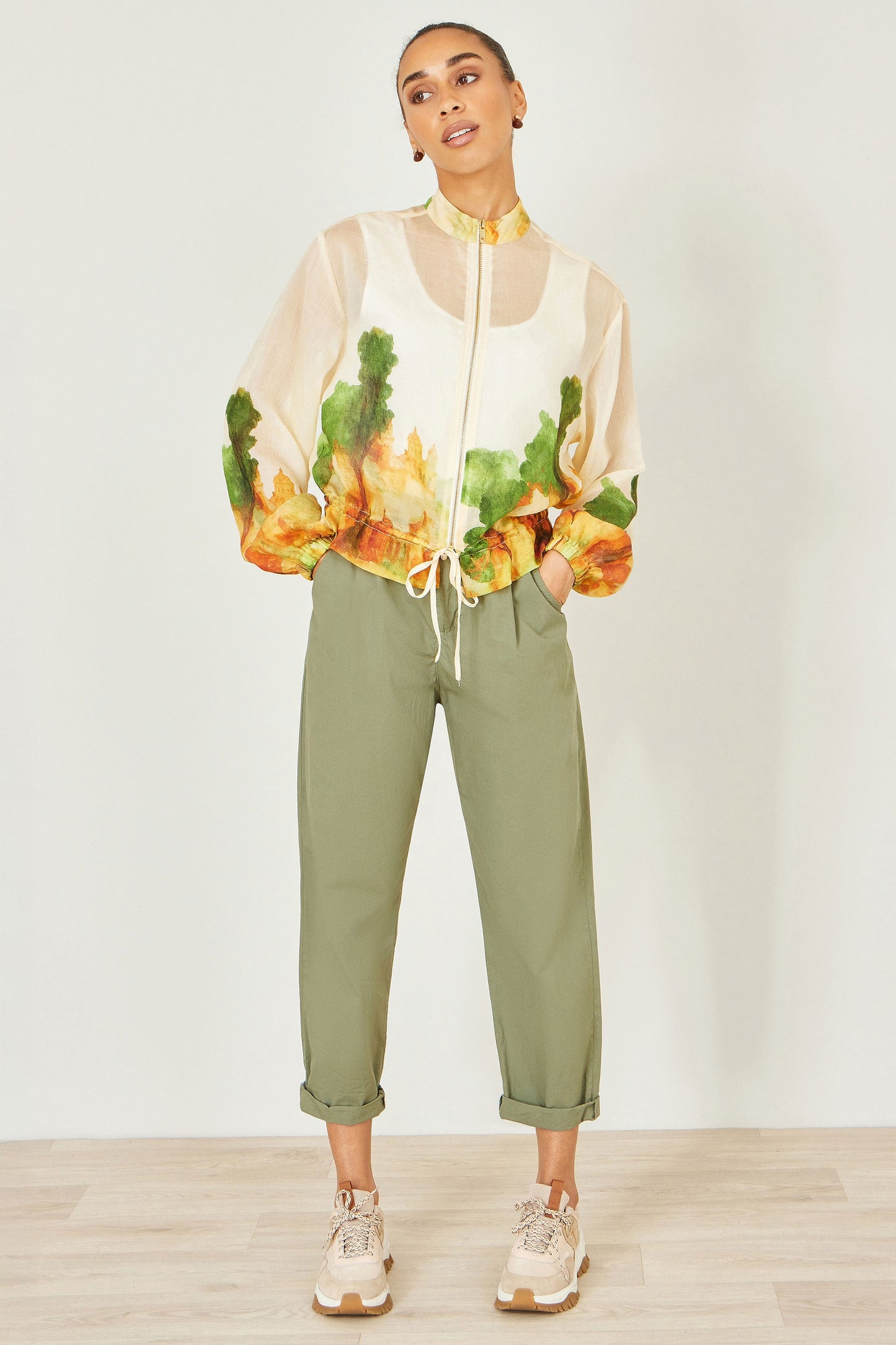 Yumi Beige Printed Lightweight Modal Bomber Jacket