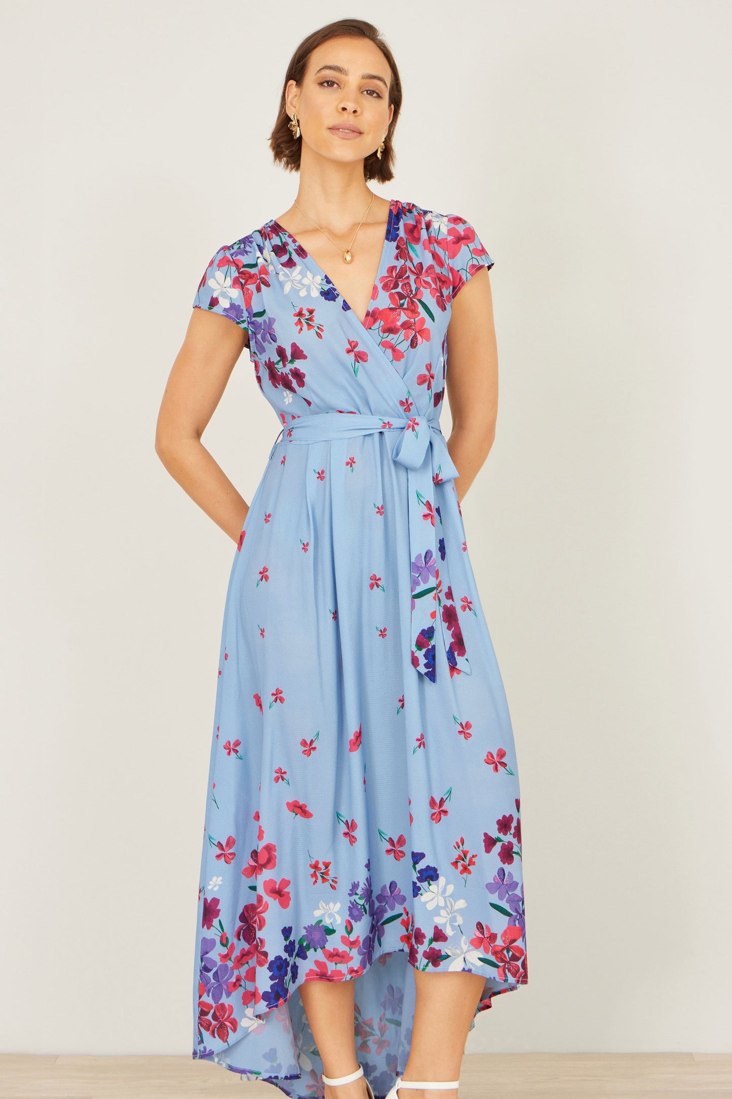 Yumi Blue Floral Mirror Wrap High Low Midi Wrap Dress