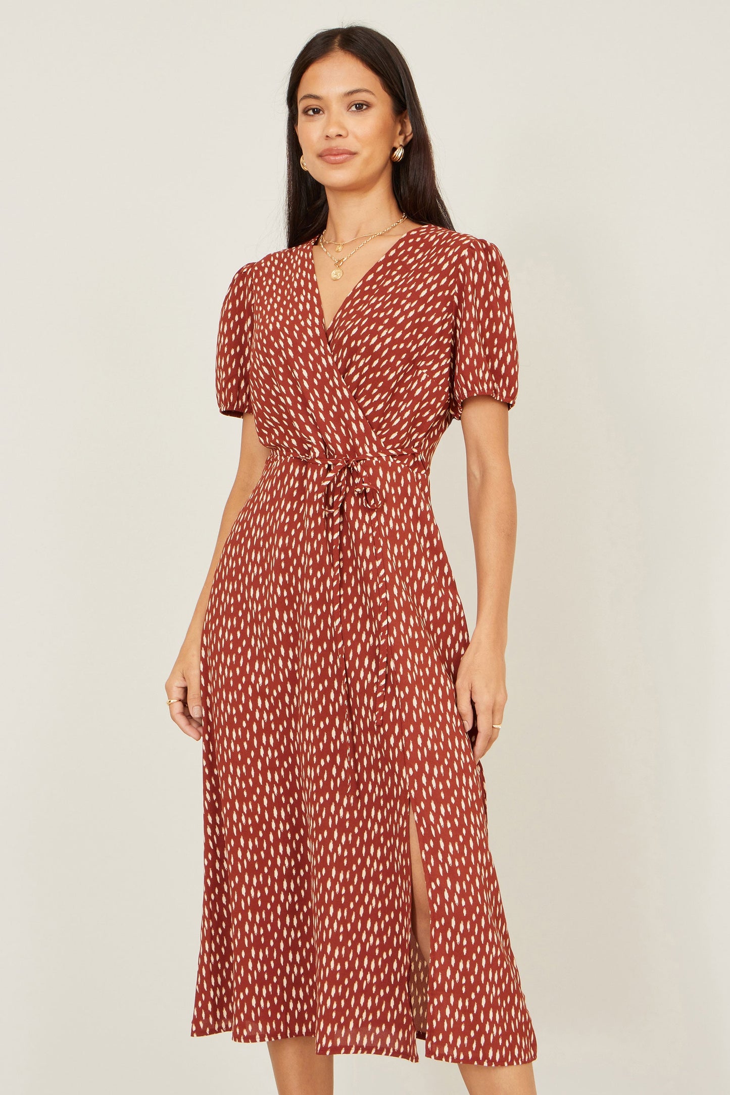 Yumi Brown Spot Wrap Midi Dress