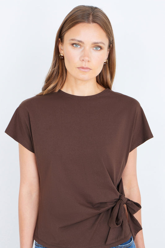 Yumi Brown Cotton Jersey Top With Knot Detail