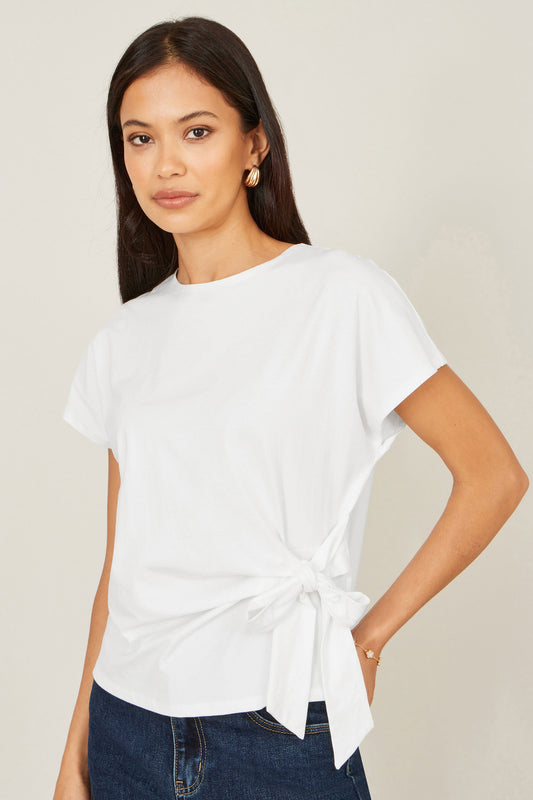Yumi White Cotton Jersey Top With Knot Detail