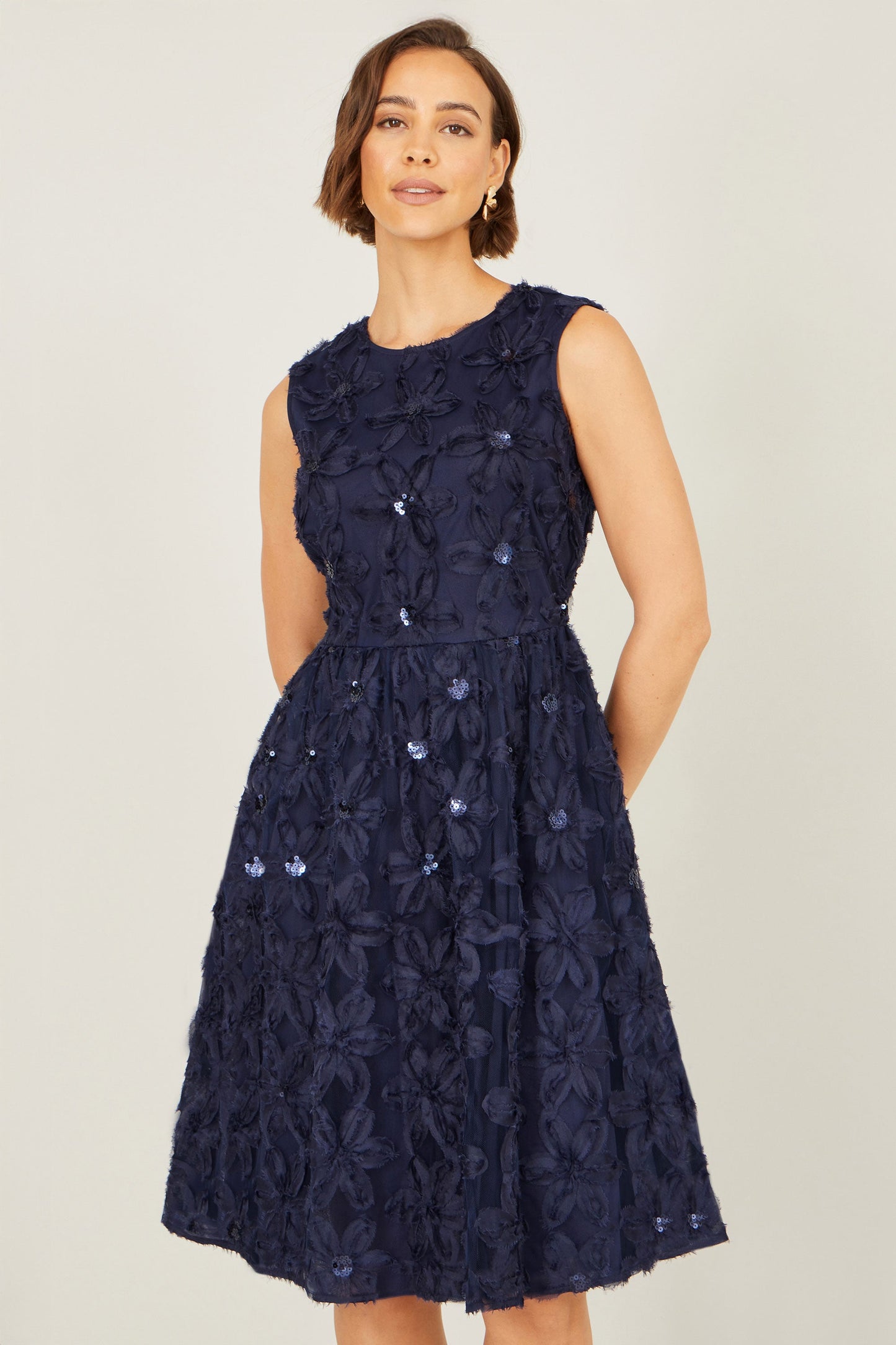 Yumi Navy Sequin Floral Applique Skater Dress