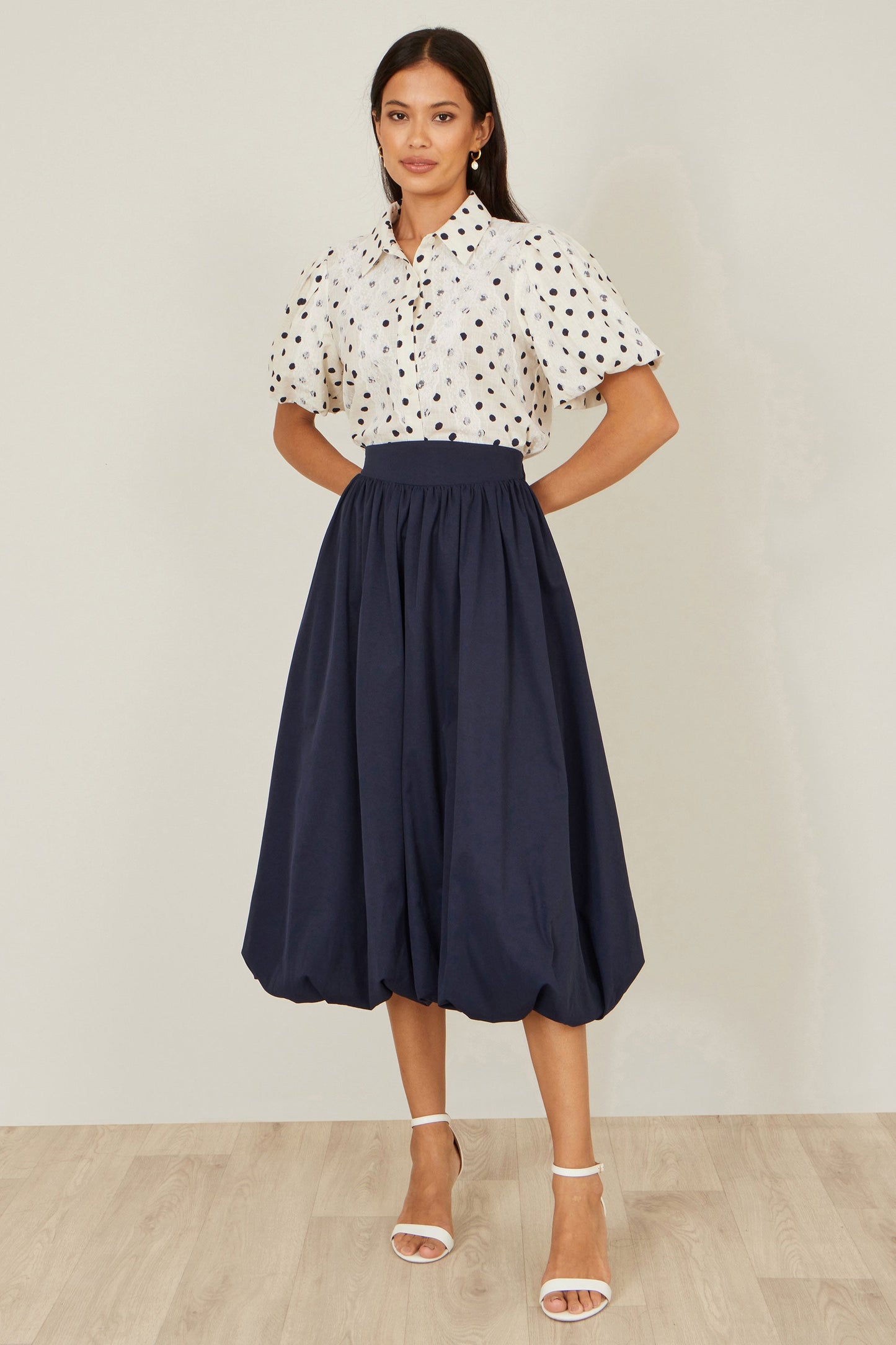 Yumi Navy Satin Bubble Hem Midi Skirt