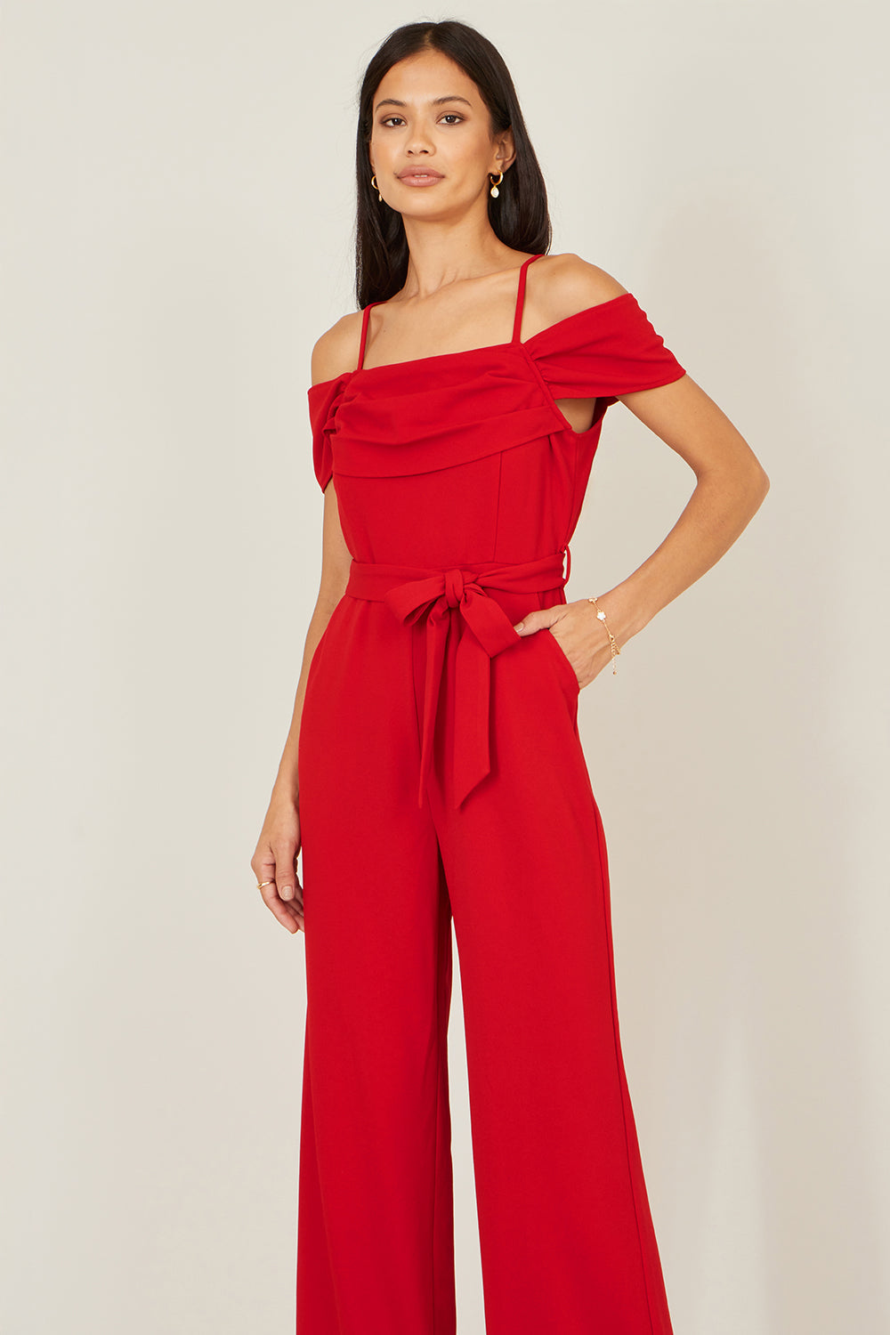 Yumi Red Stretch Bardot Jumpsuit