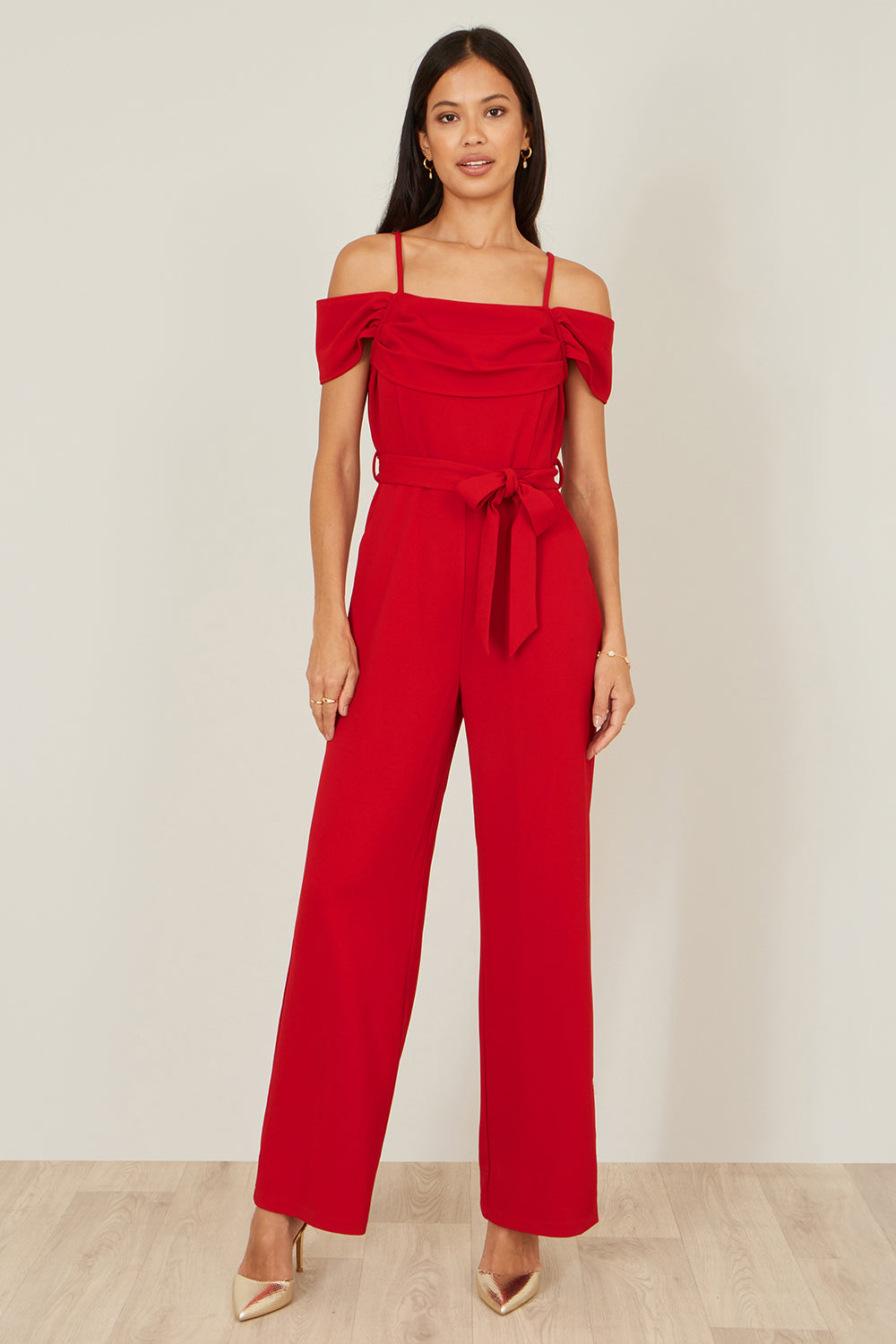 Yumi Red Stretch Bardot Jumpsuit