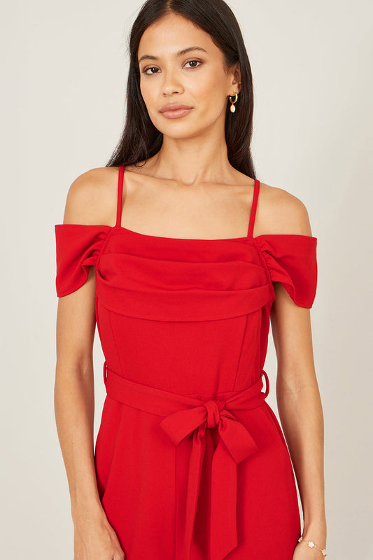 Yumi Red Stretch Bardot Jumpsuit