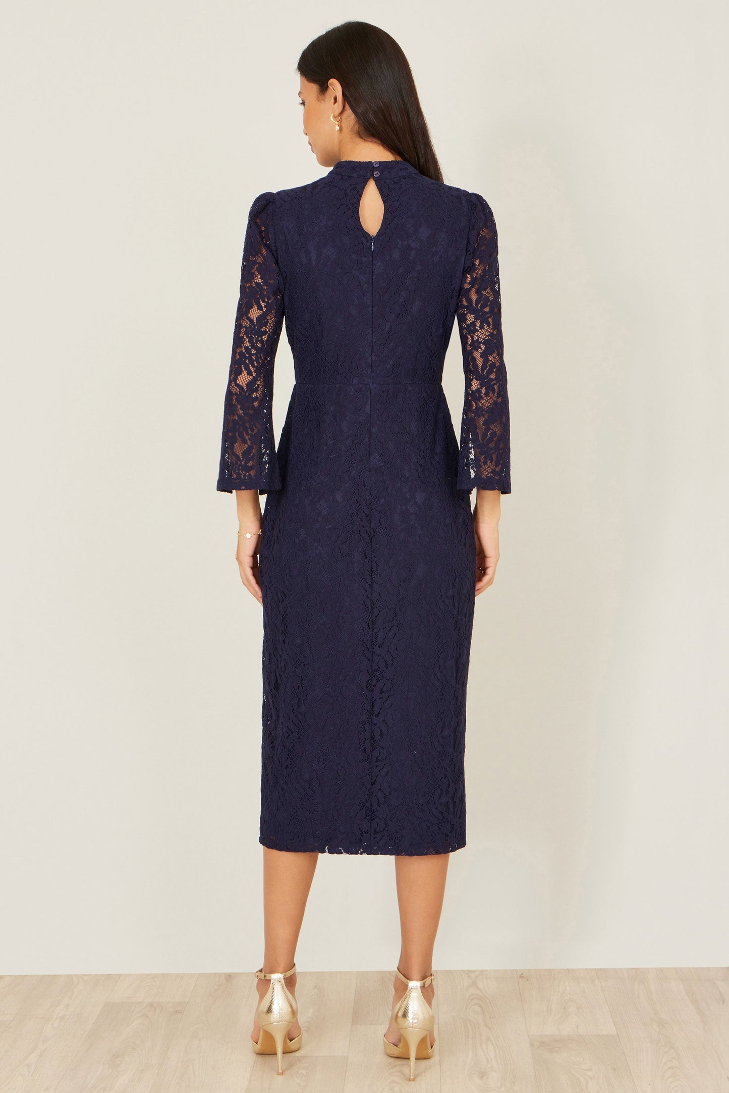 Yumi Navy Lace Fitted Midi Dress With Flute Sleeves