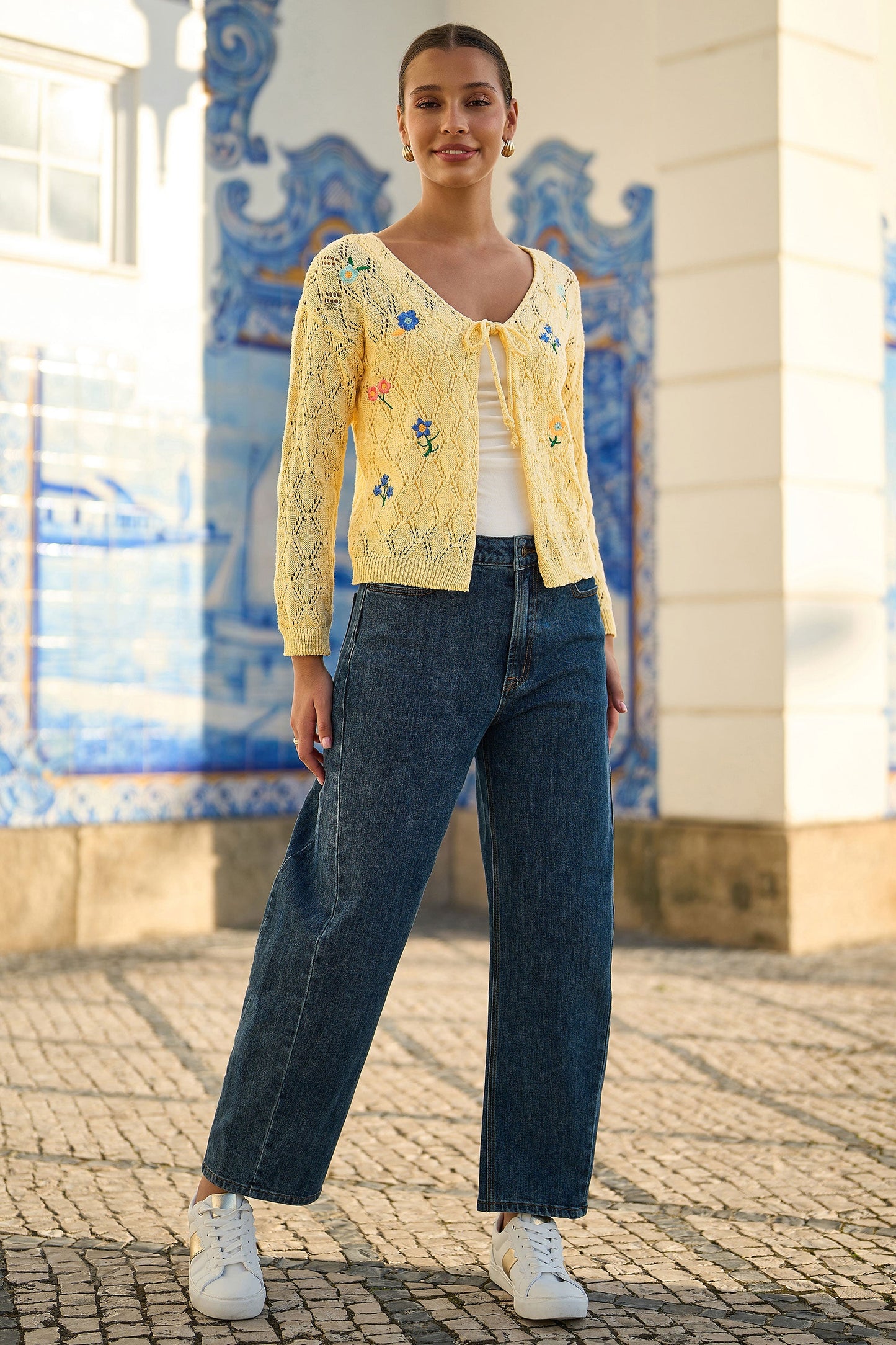 Yumi Butter Yellow Embroidered Pointelle Cardigan
