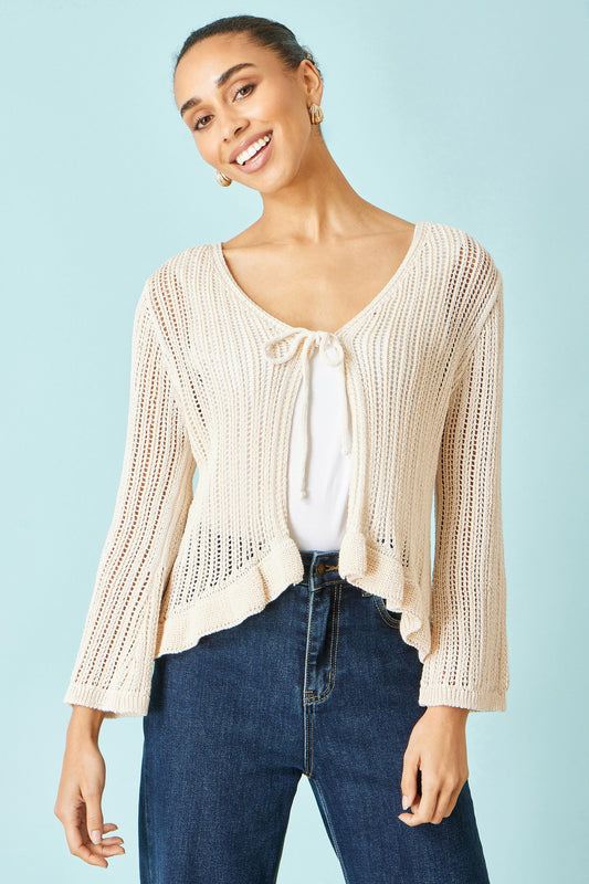 Yumi Beige Tie Front Pointelle Cardigan