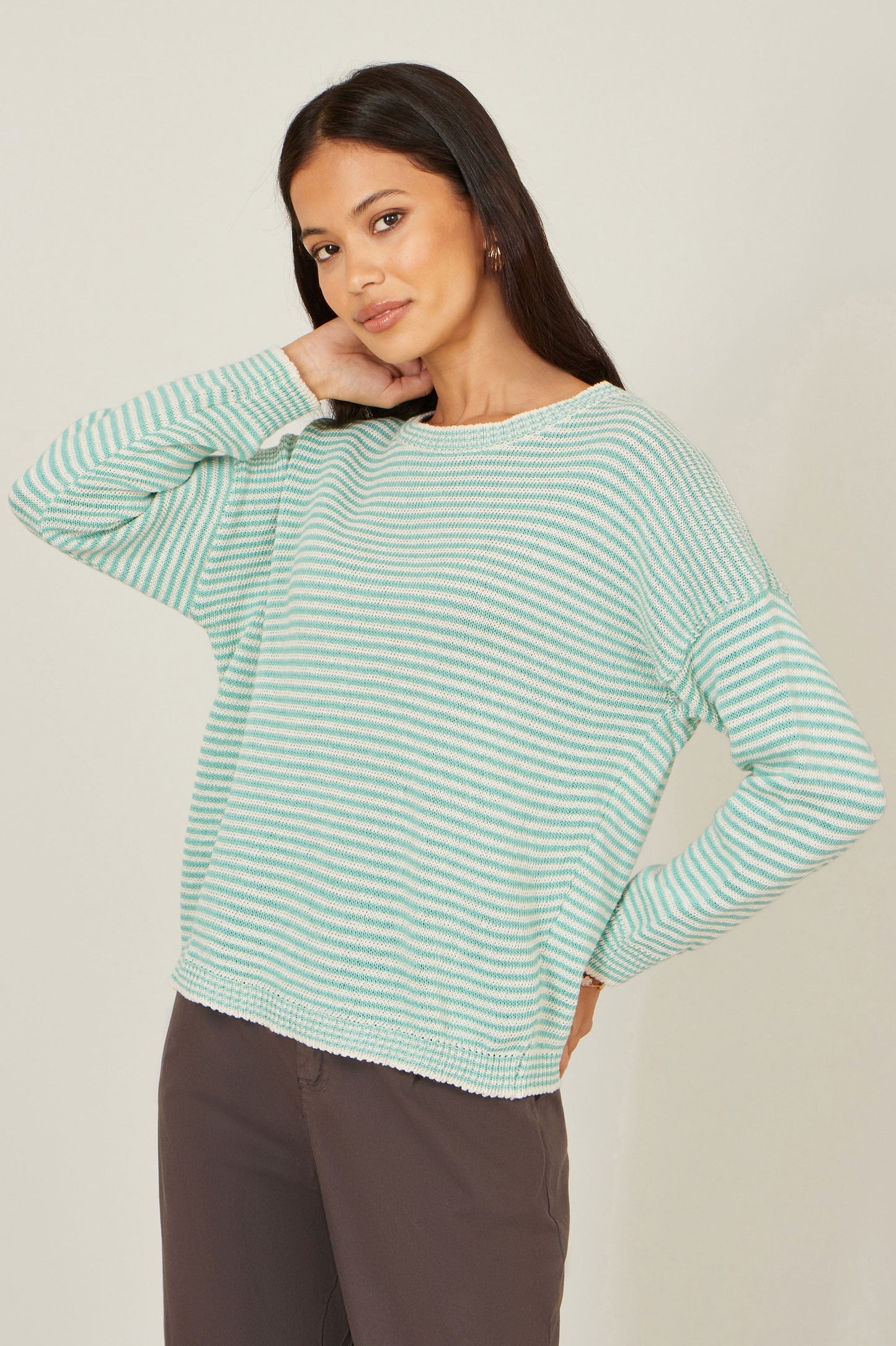 Yumi Sea Green Knitted Stripe Relaxed Jumper