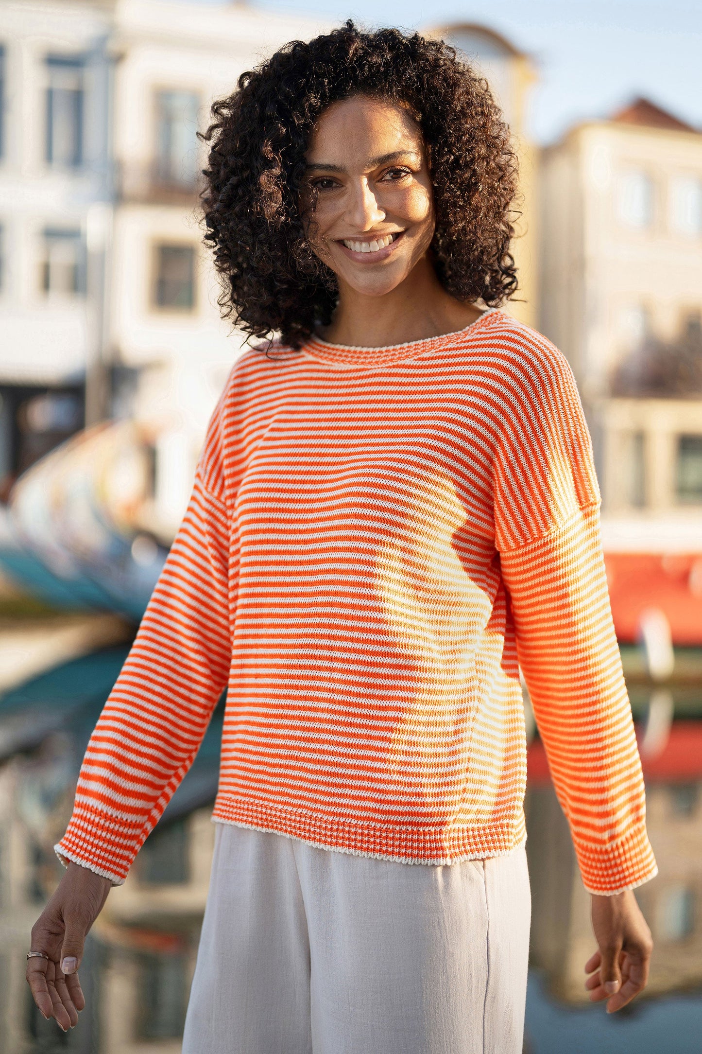 Yumi Orange Knitted Stripe Relaxed Jumper