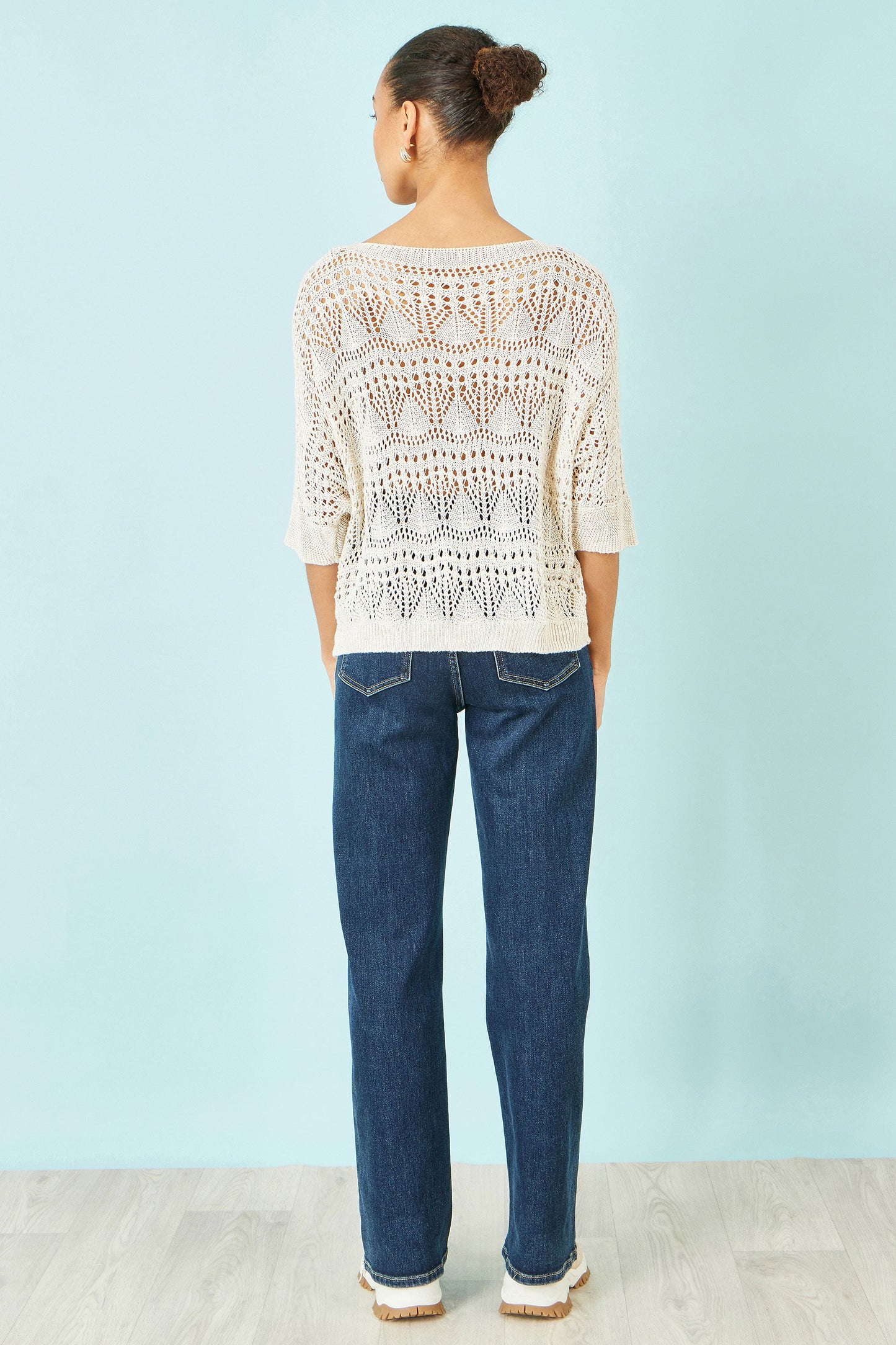 Yumi Beige Cotton Mix Relaxed Fit Pointelle Jumper