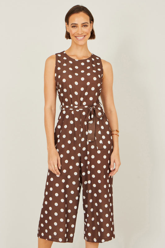 Yumi Brown Polka Dot Culotte Jumpsuit