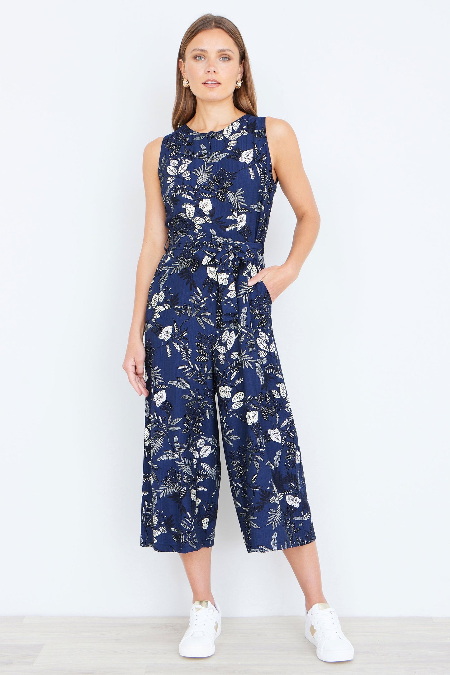 Yumi Navy Leaf Culotte Jumpsuit