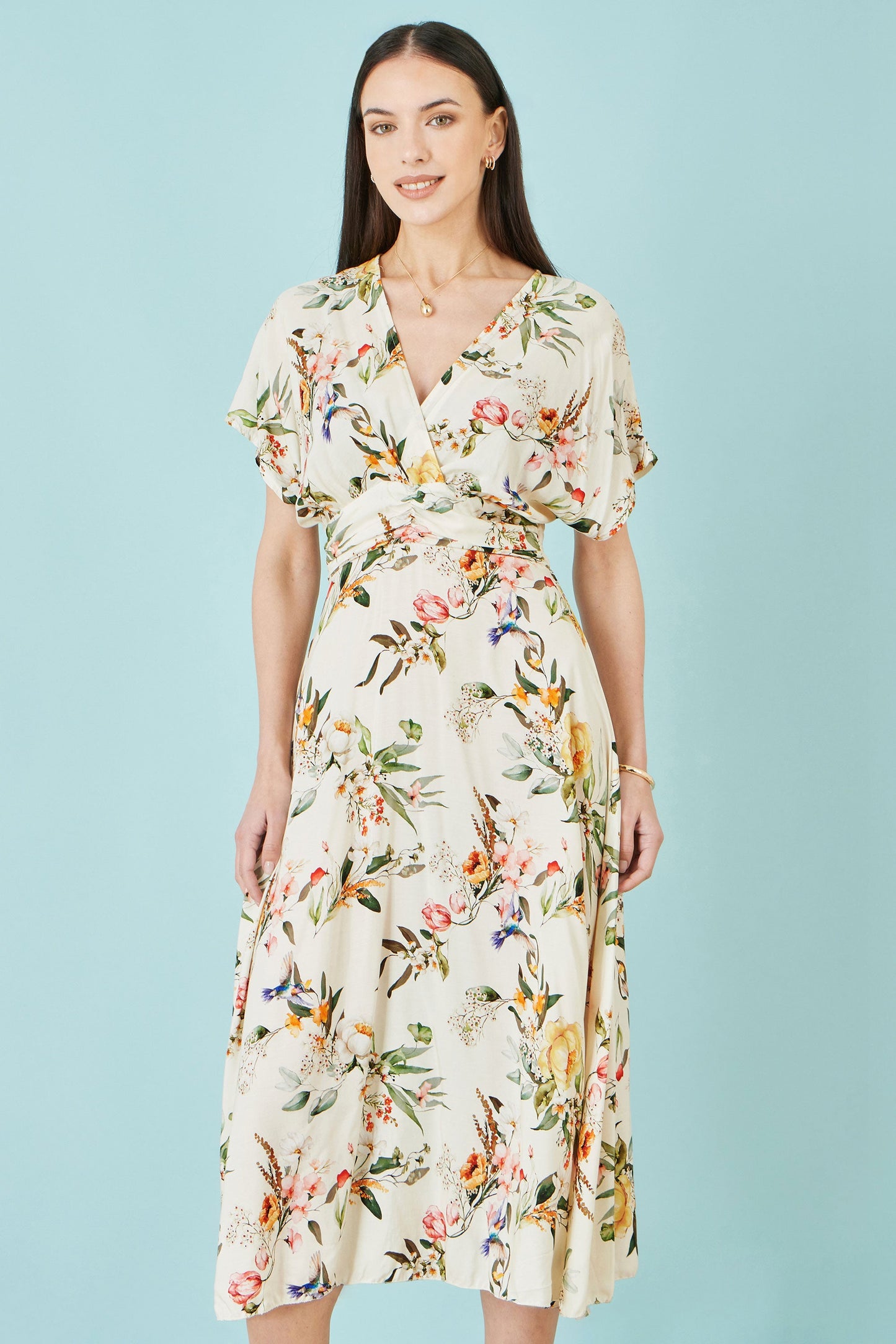 Yumi Ivory Viscose Floral Print Midi Dress With Ruched Waist