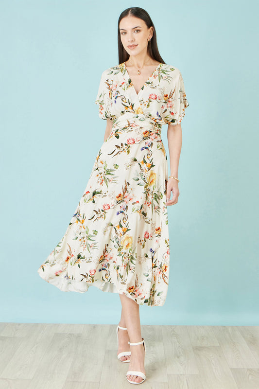 Yumi Ivory Viscose Floral Print Midi Dress With Ruched Waist