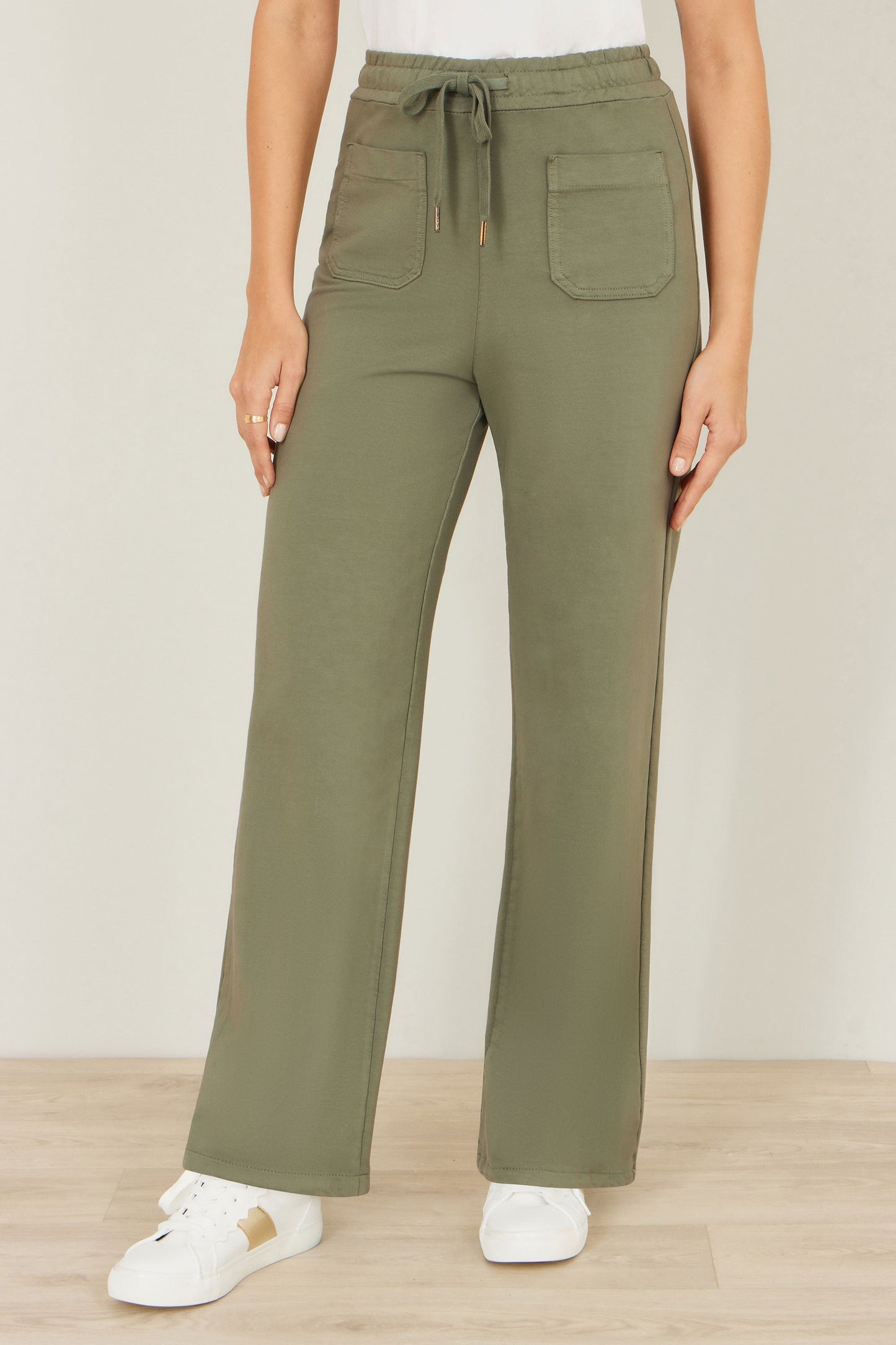 Yumi Khaki Relaxed Stretch Wide Leg Trousers With Pockets