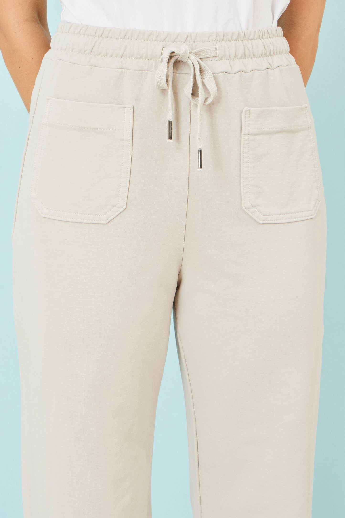 Yumi Cream Relaxed Stretch Wide Leg Trousers With Pockets