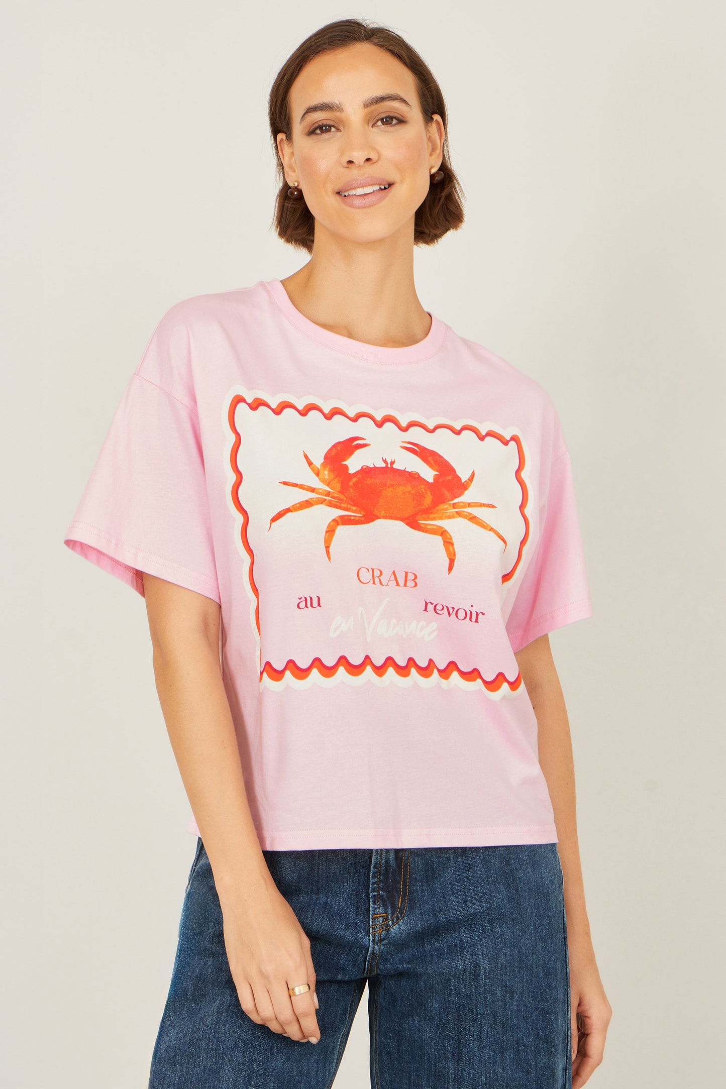 Yumi Pink Crab Vacation Print T Shirt