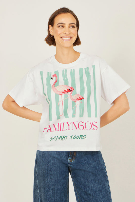 Yumi White Retro Relaxed Flamingo Cotton T Shirt