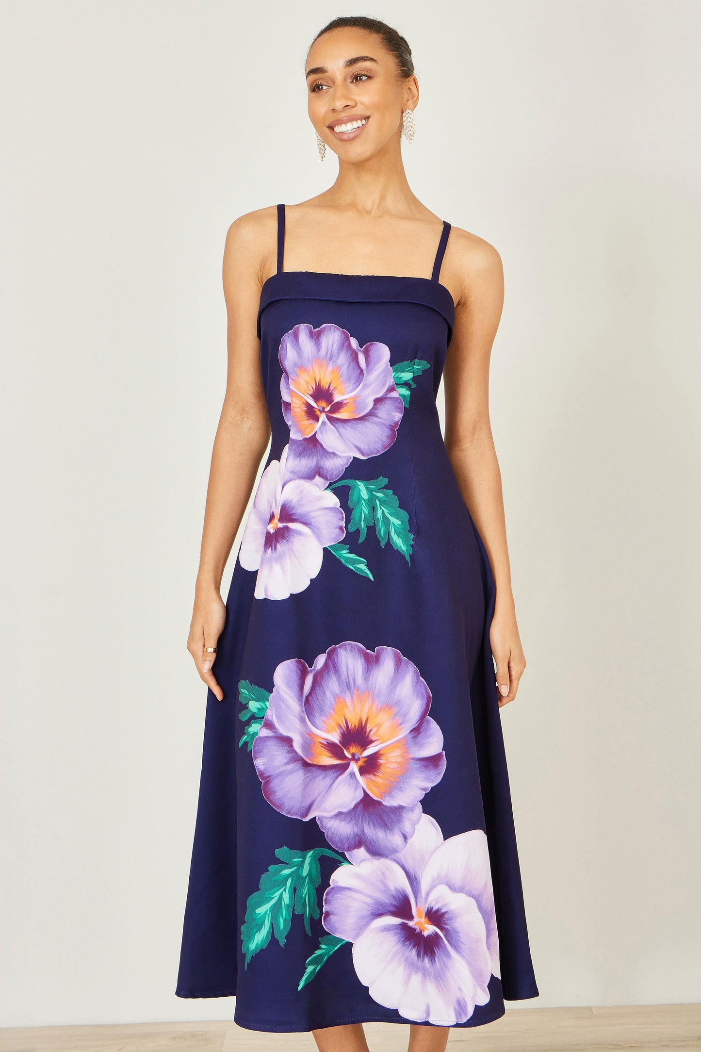 Yumi Navy Pansy Strappy Midi Dress