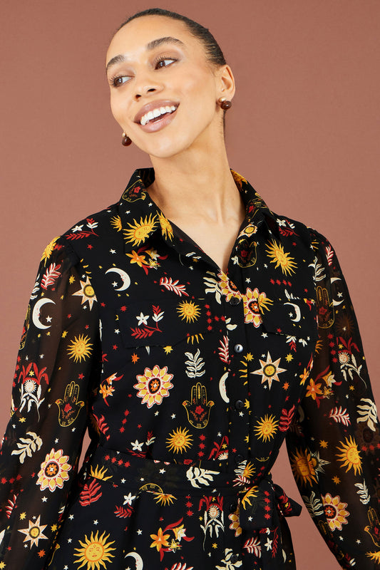Yumi Black Cosmic Midi Shirt Dress