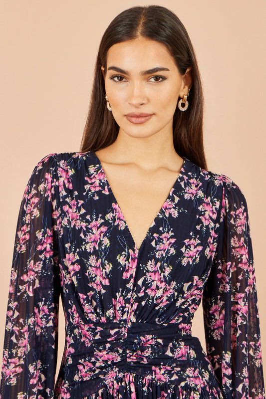 Yumi Navy Floral Mesh Ruched Waist Maxi Dress
