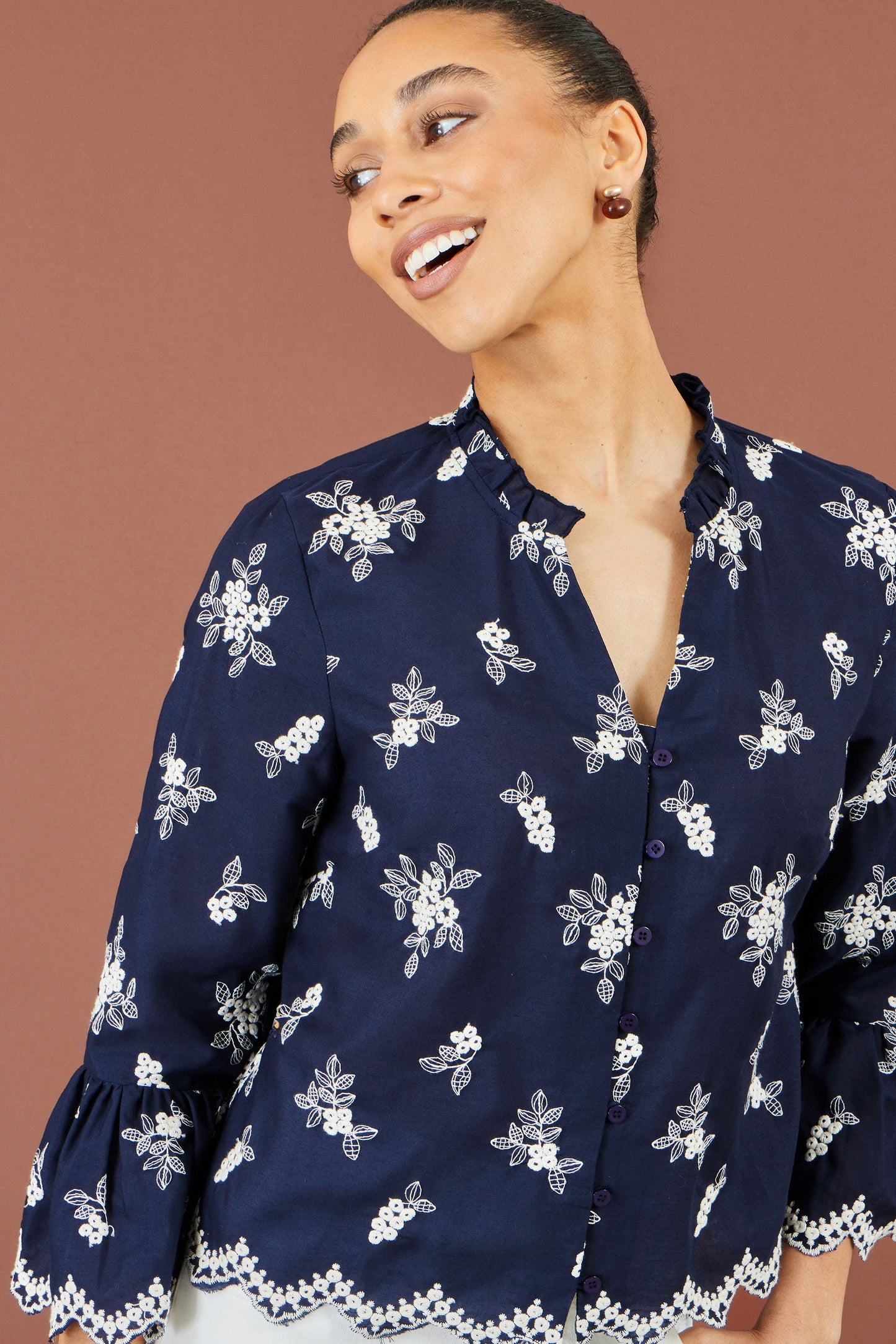 Yumi Navy Broderie Shirt With Fluted Sleeves