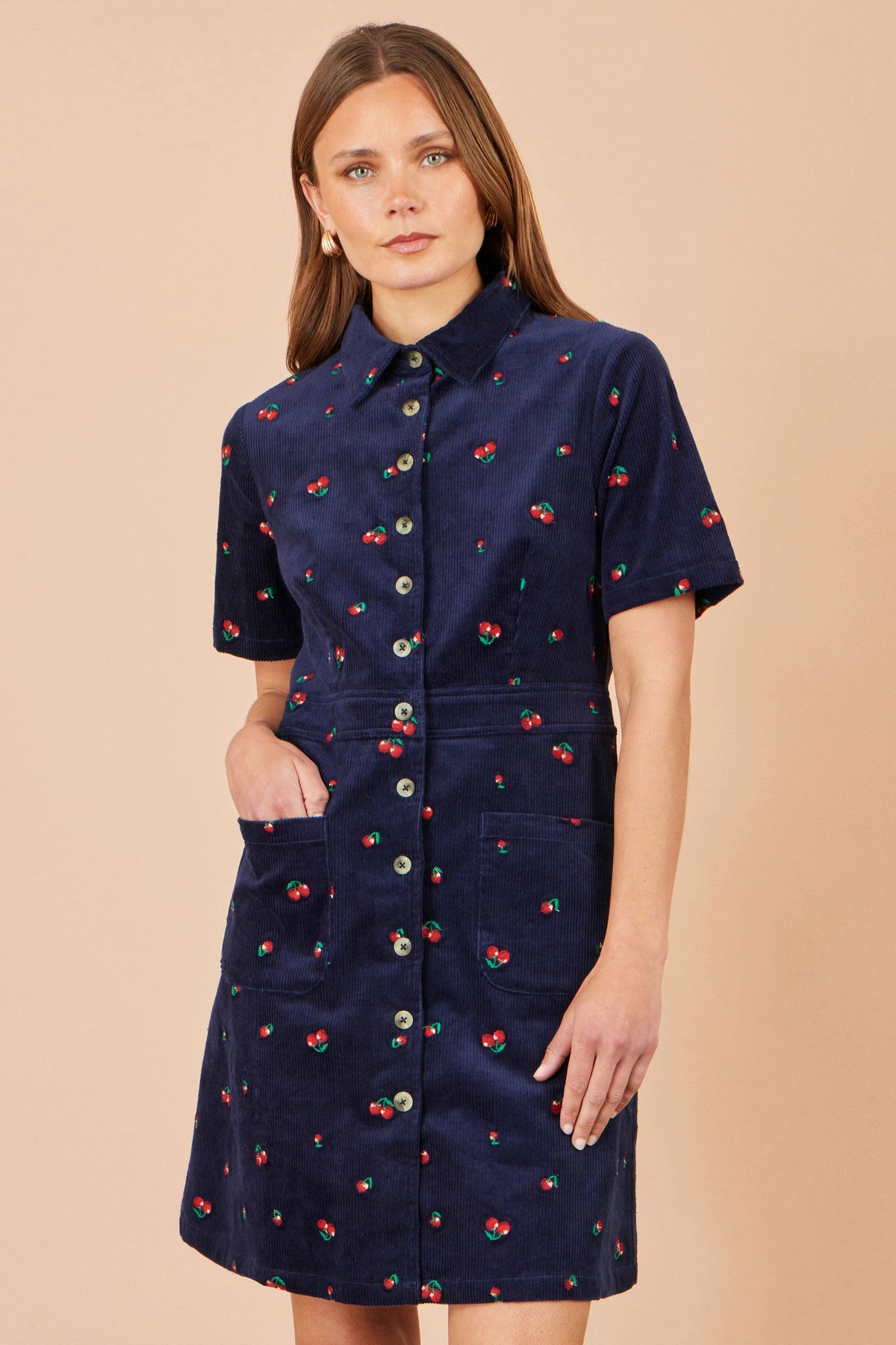 Yumi Navy Embroidered Cherry Shirt Dress