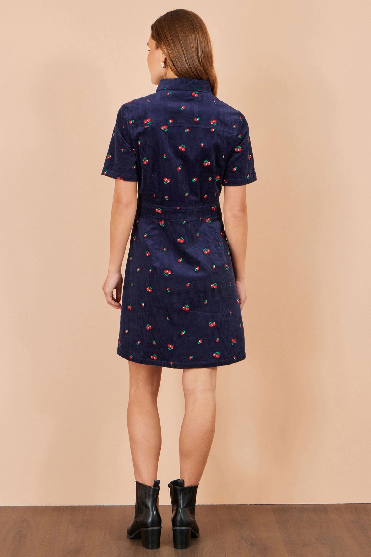 Yumi Navy Embroidered Cherry Shirt Dress