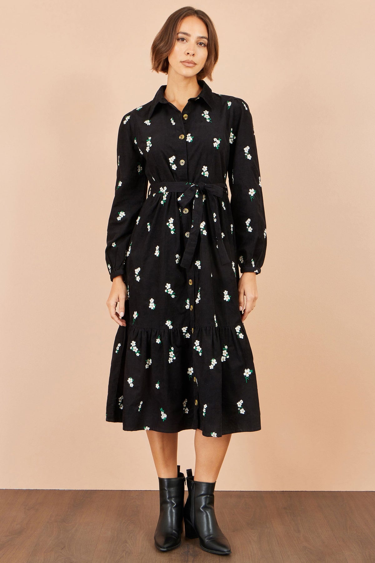 Yumi Black Daisy Embroidered Cord Shirt Dress