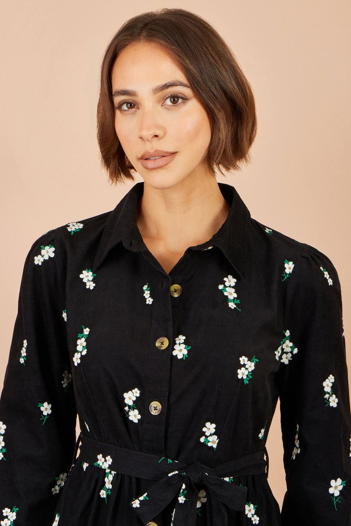 Yumi Black Daisy Embroidered Cord Shirt Dress