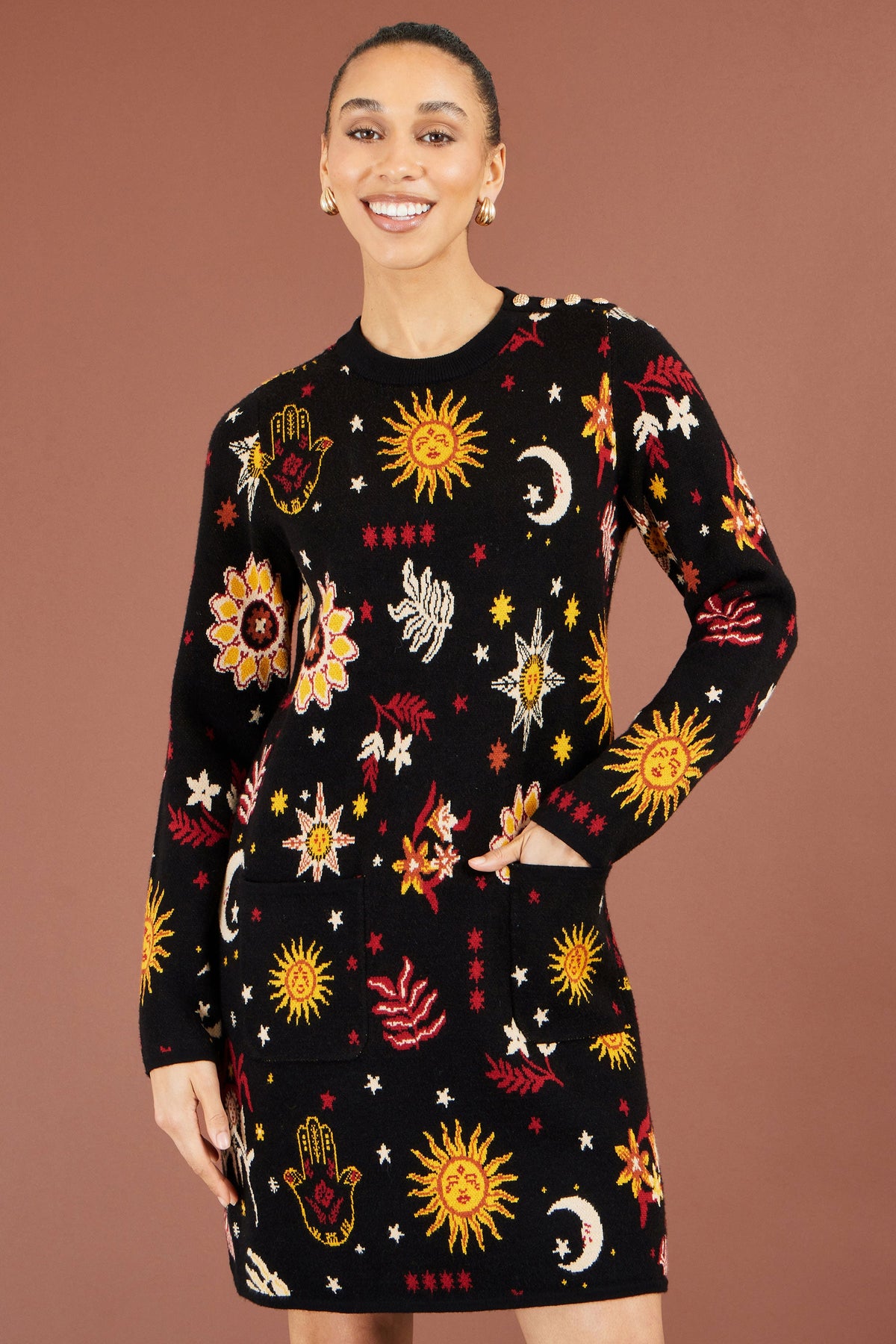 Yumi Black Cosmic Intarsia Knitted Tunic Dress