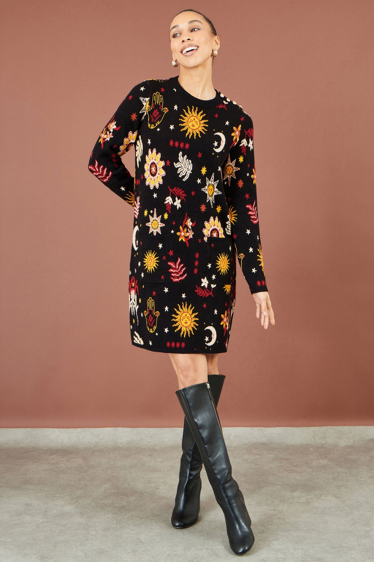 Yumi Black Cosmic Intarsia Knitted Tunic Dress