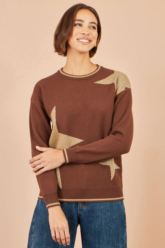 Yumi Brown Viscose Star Relaxed Jumper With Sparkle