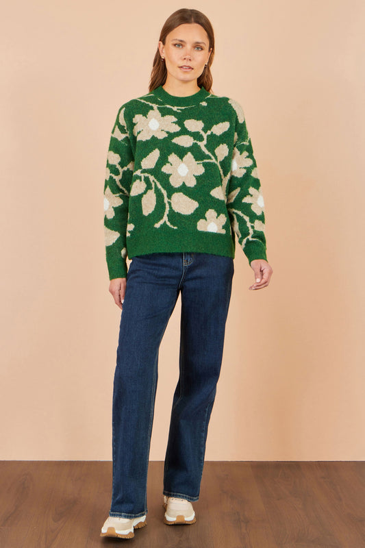 Yumi Green Floral Intarsia Relaxed Fit Jumper