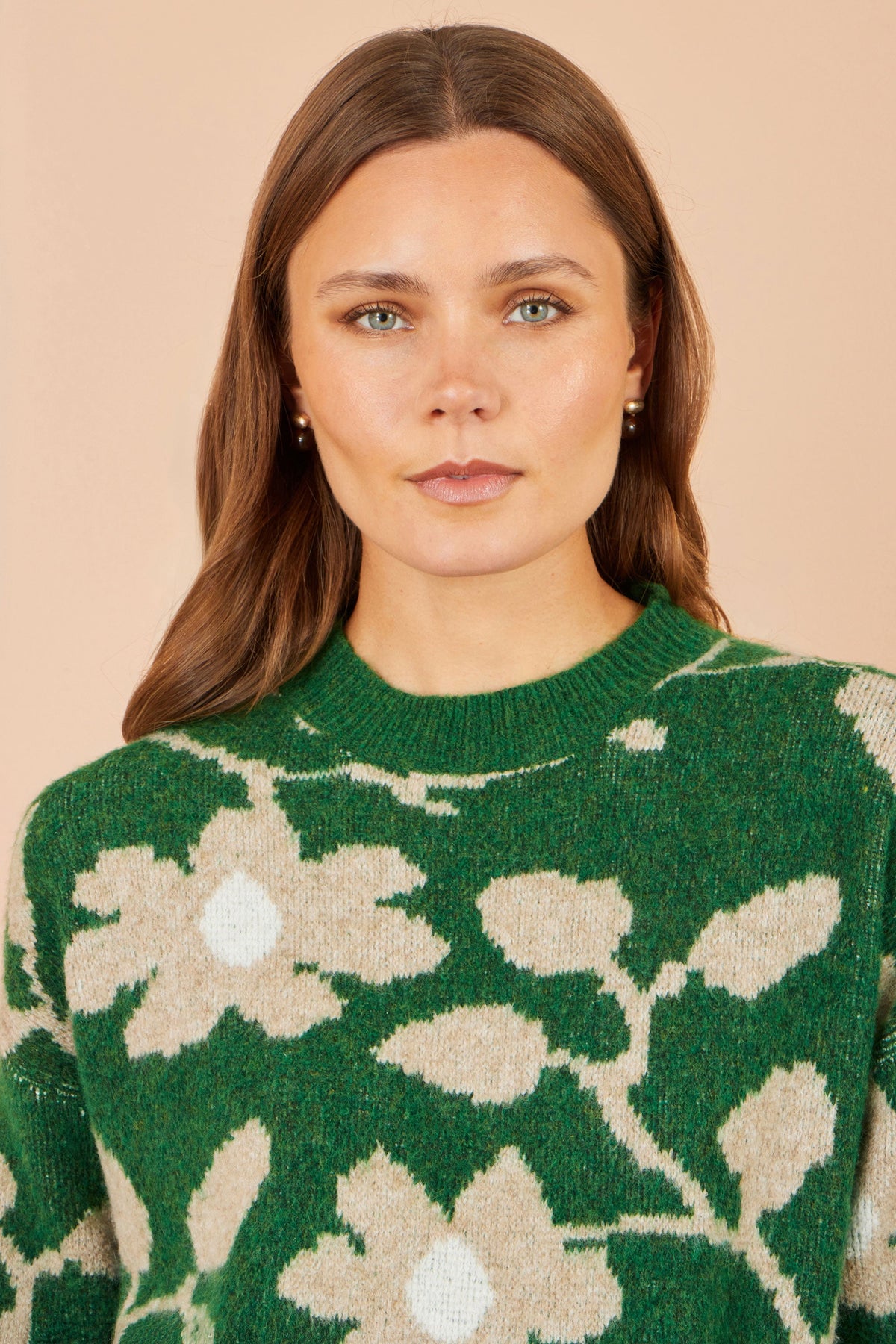 Yumi Green Floral Intarsia Relaxed Fit Jumper