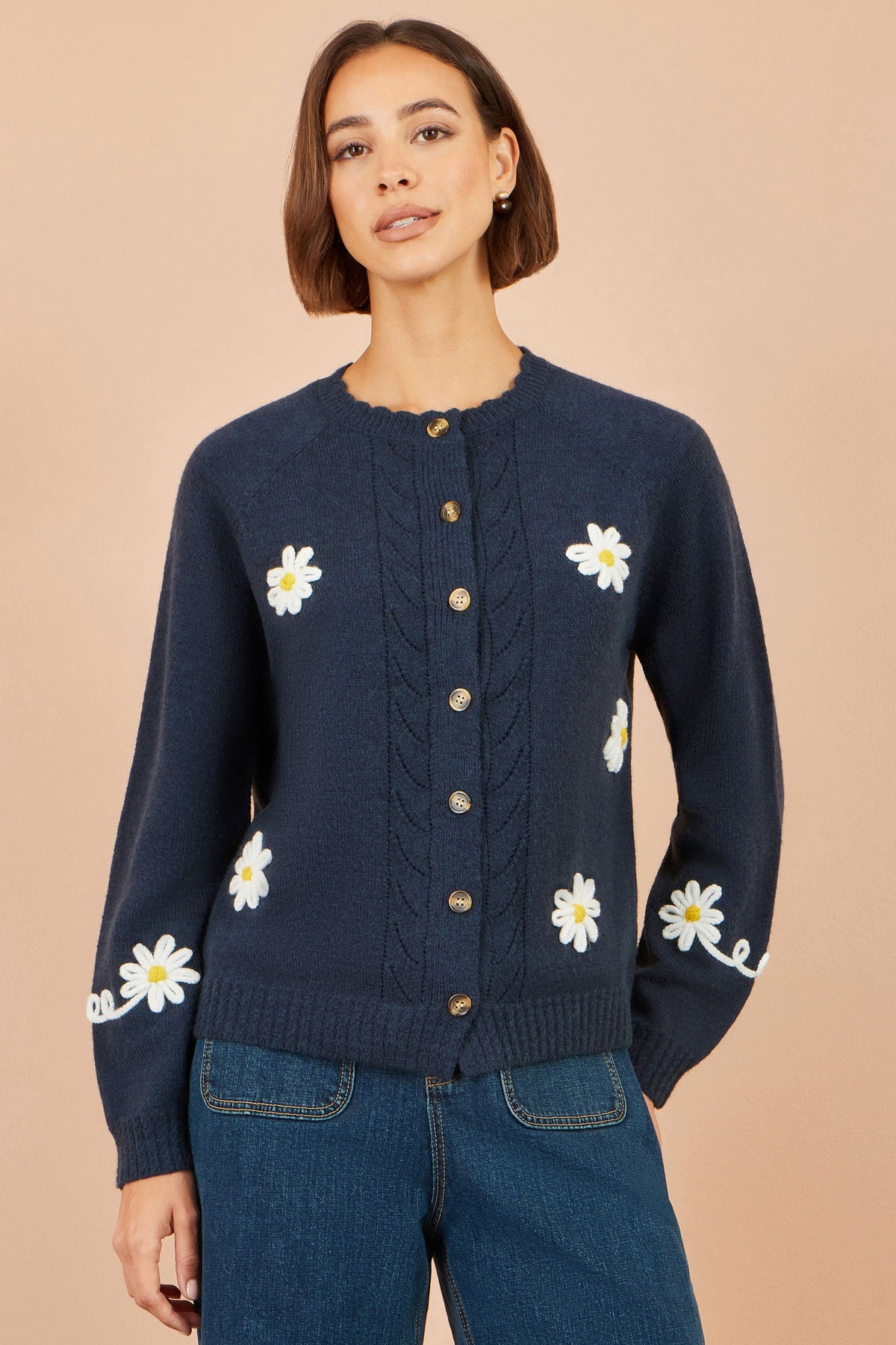 Yumi Navy Daisy Stitch Cardigan