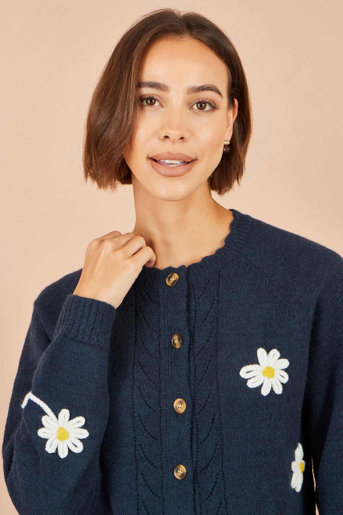 Yumi Navy Daisy Stitch Cardigan