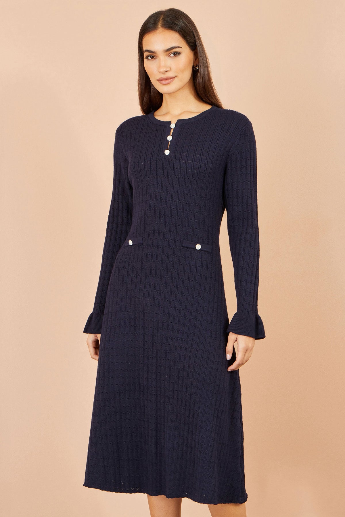 Yumi Navy Viscose Knitted Midi Dress With Buttons