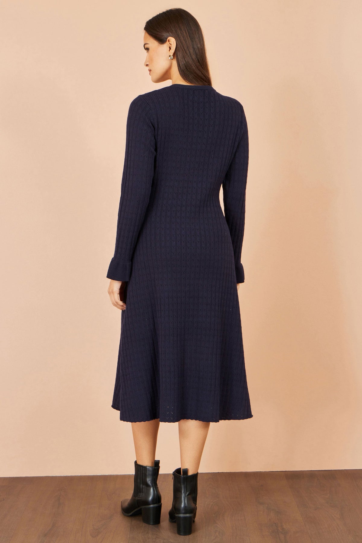 Yumi Navy Viscose Knitted Midi Dress With Buttons