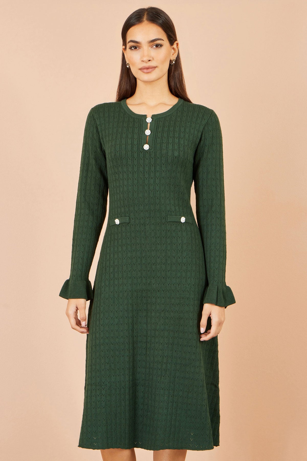 Yumi Green Viscose Knitted Midi Dress With Buttons