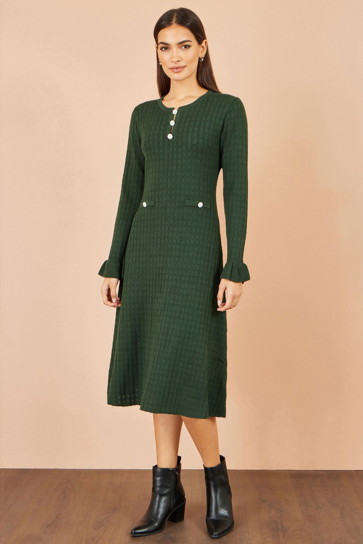 Yumi Green Viscose Knitted Midi Dress With Buttons