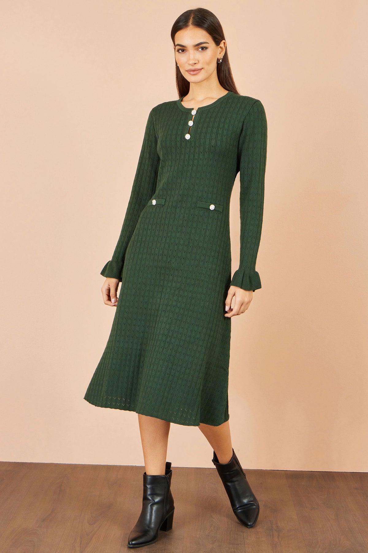 Yumi Green Viscose Knitted Midi Dress With Buttons