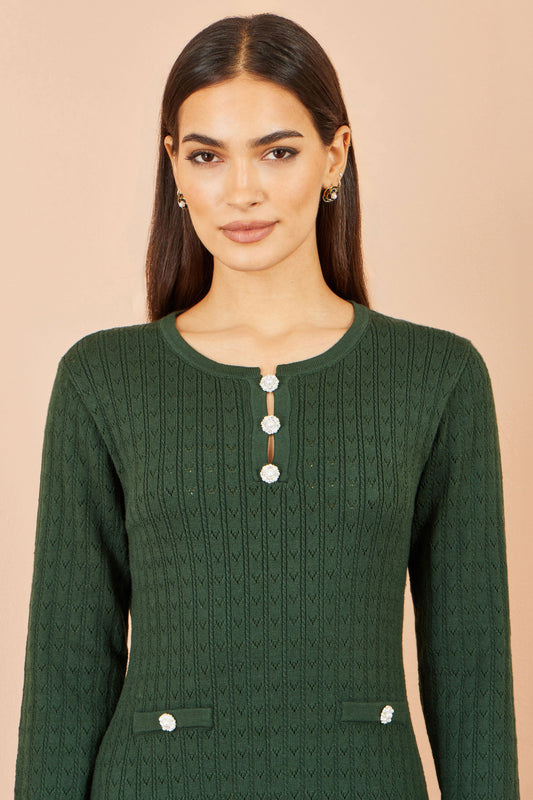 Yumi Green Viscose Knitted Midi Dress With Buttons