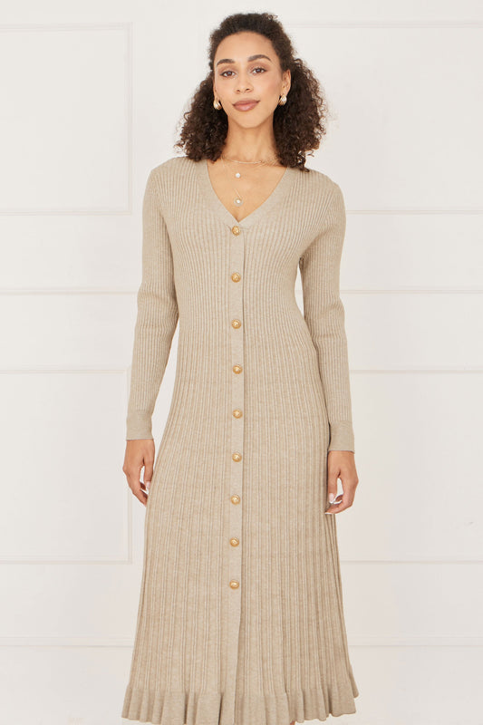 Yumi Beige Viscose Knitted Midi Ribbed Dress