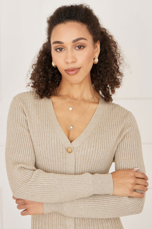 Yumi Beige Viscose Knitted Midi Ribbed Dress