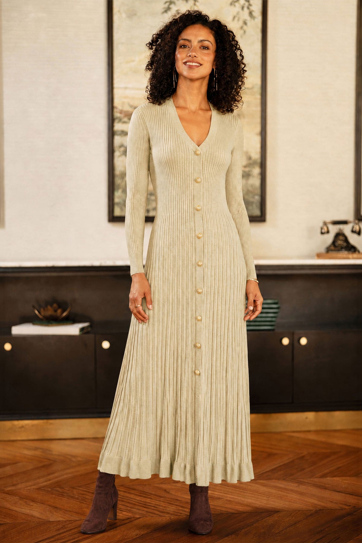 Yumi Beige Viscose Knitted Midi Ribbed Dress