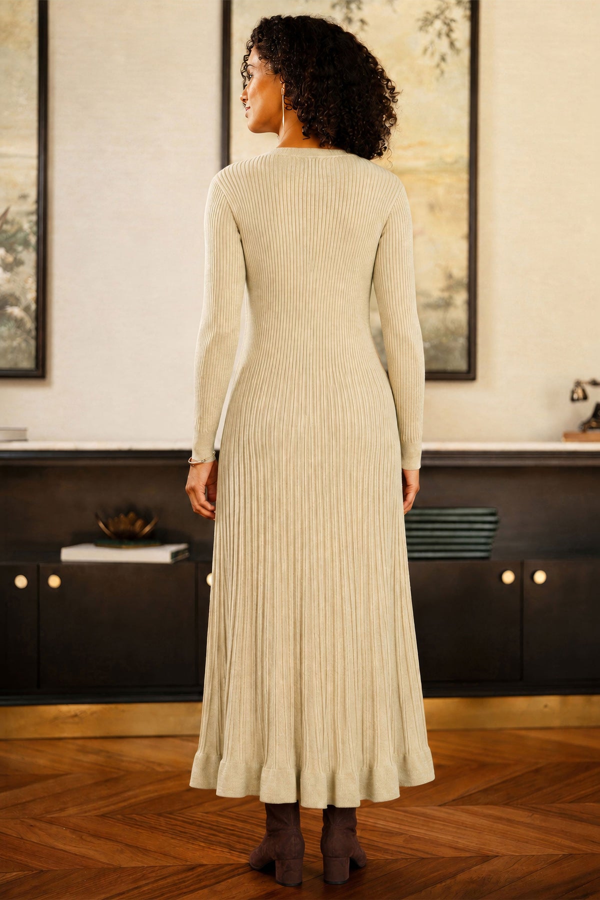 Yumi Beige Viscose Knitted Midi Ribbed Dress