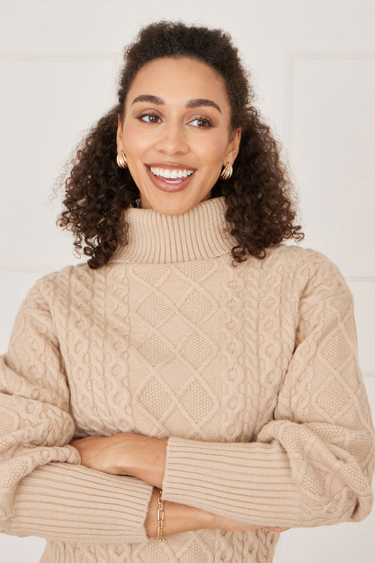 Yumi Beige Cable Knit Roll Neck Jumper